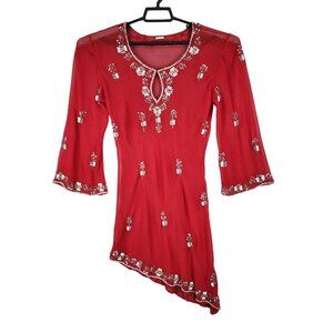 Women's Red Embroidered Asymmetric Tunic Top 3/4 Sleeves Keyhole Neck Size S